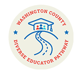 Washington County Diverse Educator Pathway logo has a graduation hat and a path