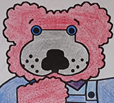 red bear with blue shirt colored in crayon