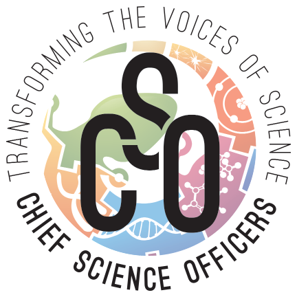 "Chief Science Officers" organizational title text with CSO abbreviation inside a gecko divided into multiple science symbols, at the top it states "Transforming the voices of science"