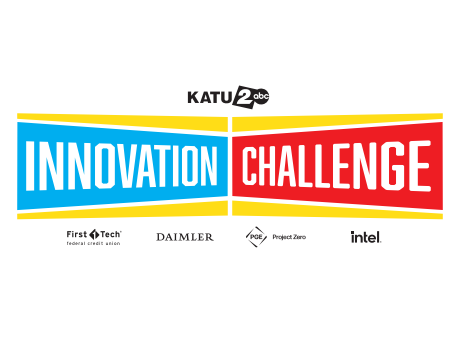 KATU Innovation Challenge text with sponsor logos below of Frist Tech credit union, Daimler, PGE Project Zero, and Intel