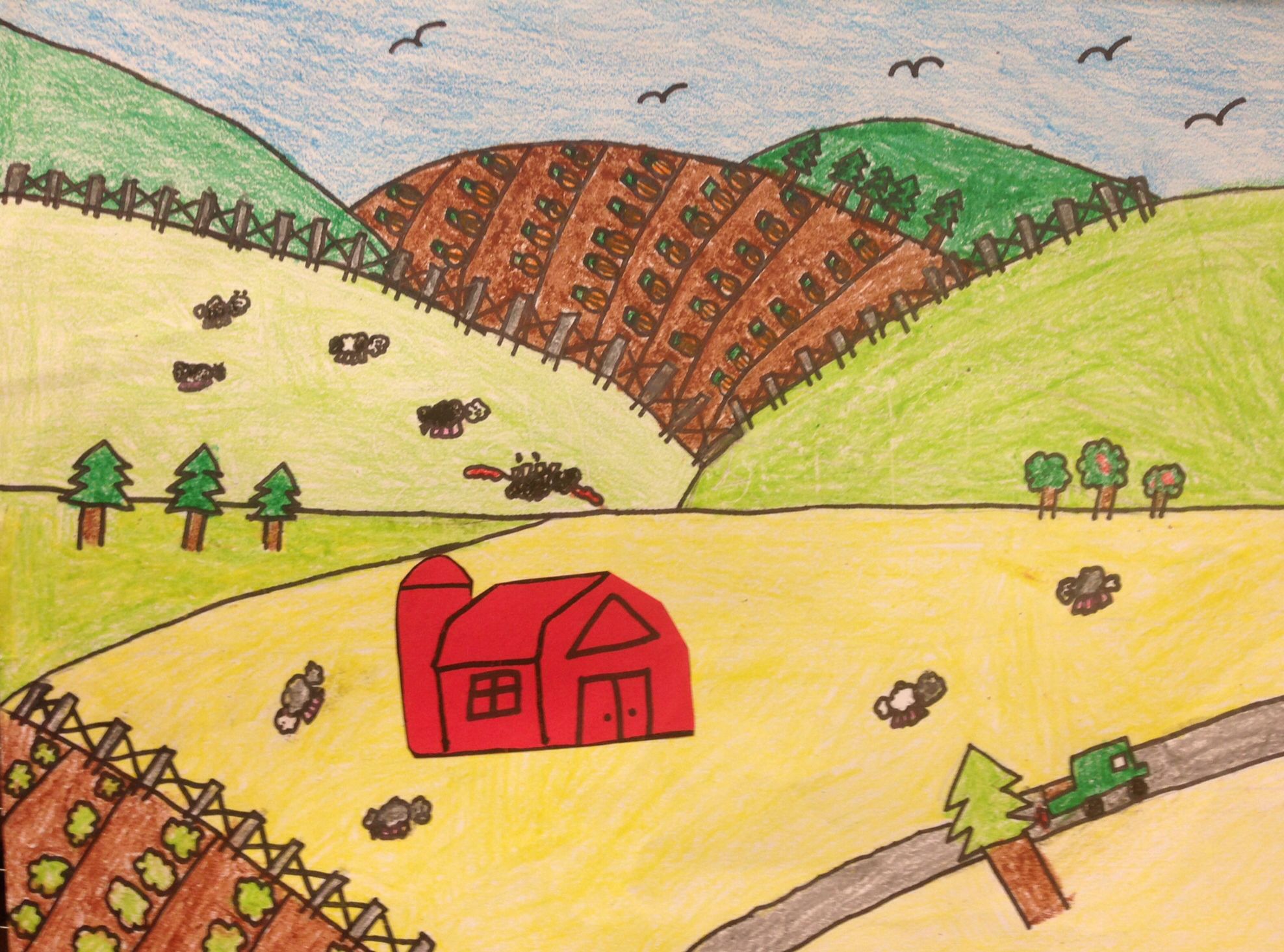 Drawing of house/barn with plaing in the background and farming land in the foreground