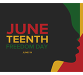 side profile of a black person with text that says juneteenth freedom day in red, yellow and green text