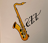 drawing of a gold-colored saxophone with lettering that says jazz