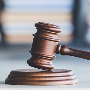 gavel in the foreground with papers in the background