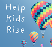 illustration of hot air balloons against a blue background with text that says help kids rise