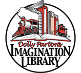 Dolly Parton Imagination Library logo shows an illustration of a train with books