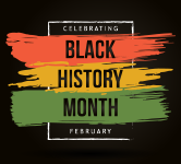 text that says black history month with a black background and accent in red, yellow and green