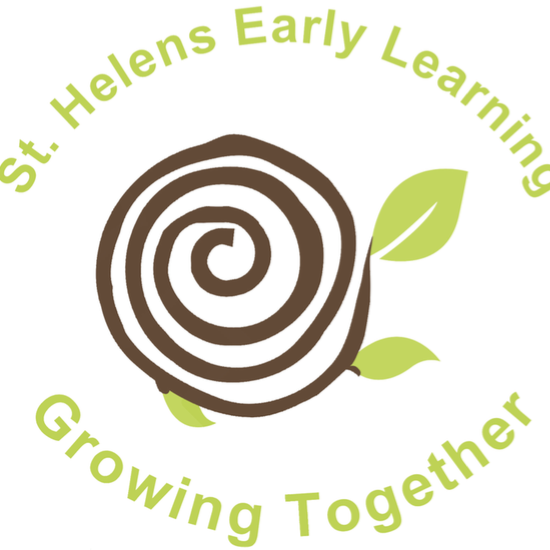 illustration of a swirly line with leaves growing out of it with text that says st. helens early learning