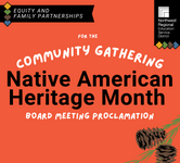 text that says community gathering for the native american heritage month