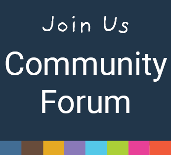 Text that says join us community forum with navy background and a rainbow color bar