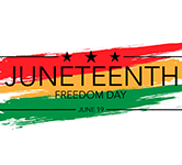 text that says juneteenth freedom day with red, yellow and green brushstrokes in the background