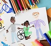 illustration of children with colored pencils on the paper