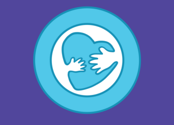 purple background with a blue icon with hands around a heart