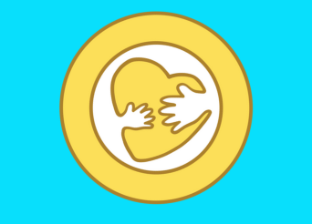 blue background with yellow icon with hands around heart