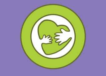 purple background with green icon with hands around heart