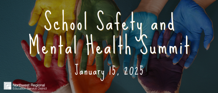 photo of hands with paint the color of a rainbow and text that says school safety and mental health