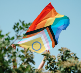 A person waves the progress pride flag outside