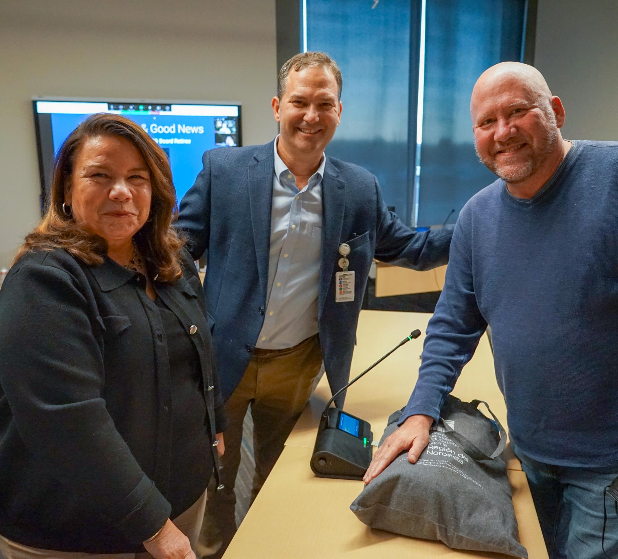 From left, Chair Becky Tymchuk, Superintendent Dan Goldman, outgoing board member Tony Erickson