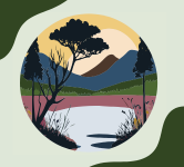 Illustration of a tree with a lake and mountains in the background