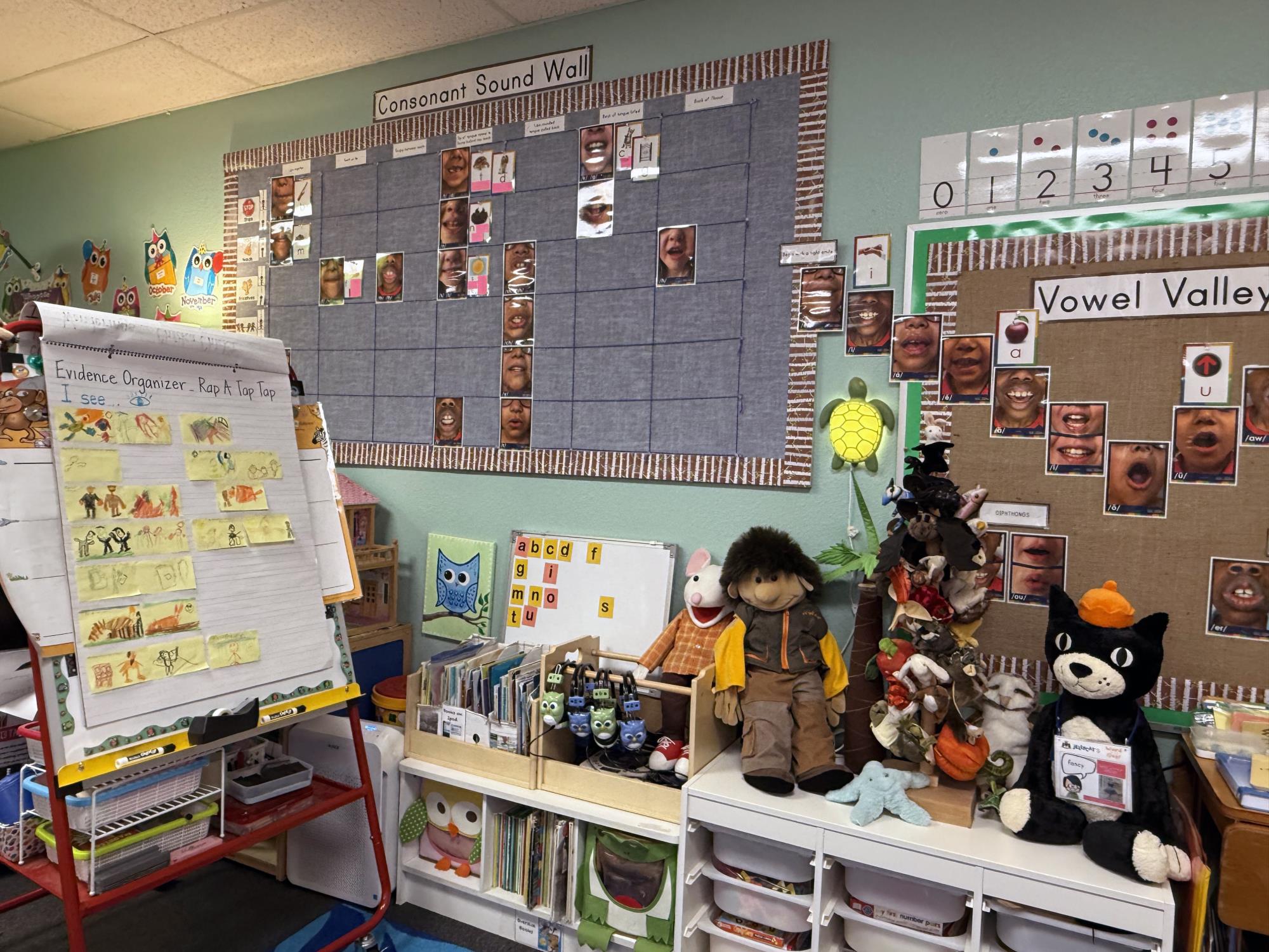 a kindergarten classroom includes a consonant sound wall and vowel valley