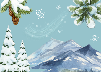 Illustration of a snowy trees with mountains and snowy boughs and pine cones