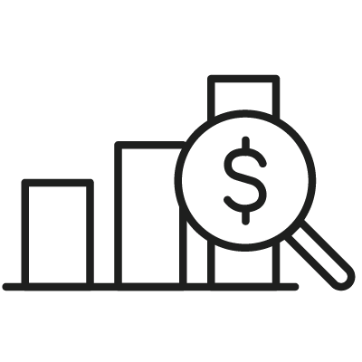 Illustration of a bar graph and magnifying glass with a dollar sign in it