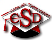 Red logo of a graduation hat that says Clatskanie School District