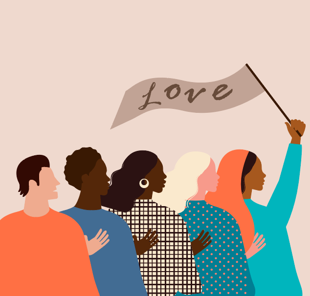 Illustration of five, diverse people in a row with the leader holding a banner that says "love"