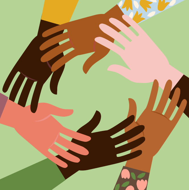 Illustration of a circle of hands, diversely hued